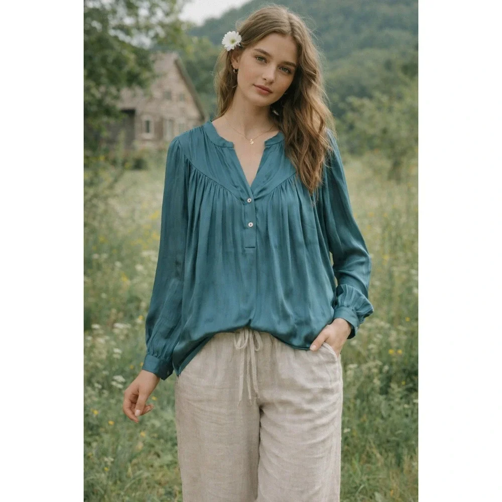 Boho Pleated Satin Blouse XS Teal Long Sleeve Yoke Top See U Soon - Picture 1 of 10